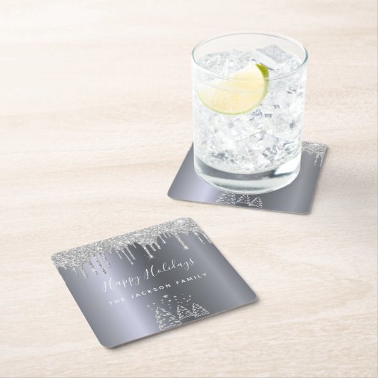 Dessous-de-verre Carré En Papier Joyeuses fêtes Noël argent parties scintillant arb (En situation)