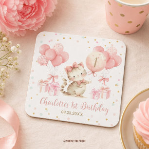 Dessous-de-verre Carré En Papier Joyeux Anniversaire Chat Chaton Ballons Roses 1er