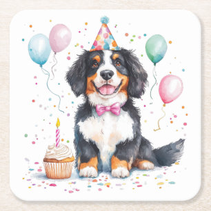 Dessous-de-verre Carré En Papier Joyeux Anniversaire Chien de Montagne Bernois