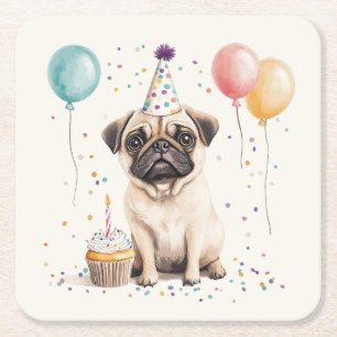 Dessous-de-verre Carré En Papier Joyeux Anniversaire Chien Pug