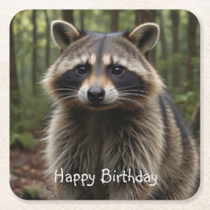Dessous-de-verre Carré En Papier Joyeux Anniversaire Cute Raccoon