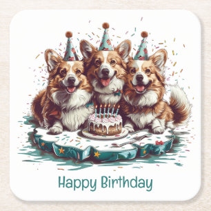 Dessous-de-verre Carré En Papier Joyeux Anniversaire Pembroke Welsh Corgi Chiens