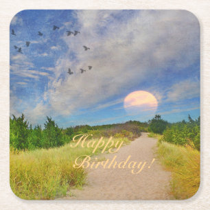 Dessous-de-verre Carré En Papier Joyeux Anniversaire Sunset Chemin Vers Plage Plaqu