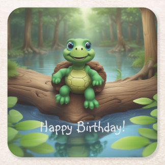 Dessous-de-verre Carré En Papier Joyeux Anniversaire Tortue