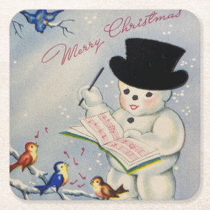 Dessous-de-verre Carré En Papier Joyeux bonhomme de neige de Noël aux oiseaux