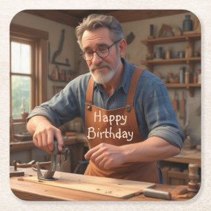 Dessous-de-verre Carré En Papier Joyeux charpentier d'anniversaire