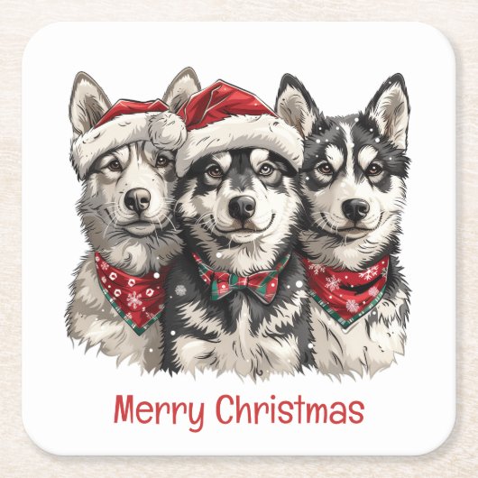Dessous-de-verre Carré En Papier Joyeux Chiens Husky Noël (Devant)