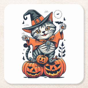 Dessous-de-verre Carré En Papier Joyeux Halloween Sorcière Chat