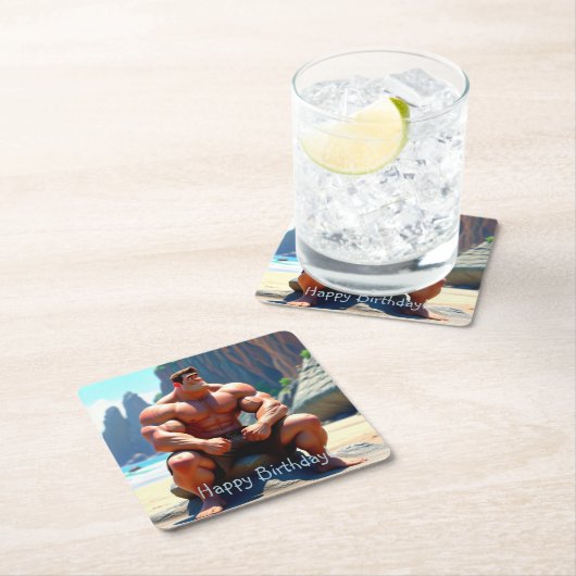Dessous-de-verre Carré En Papier Joyeux Muscleman d'anniversaire (En situation)