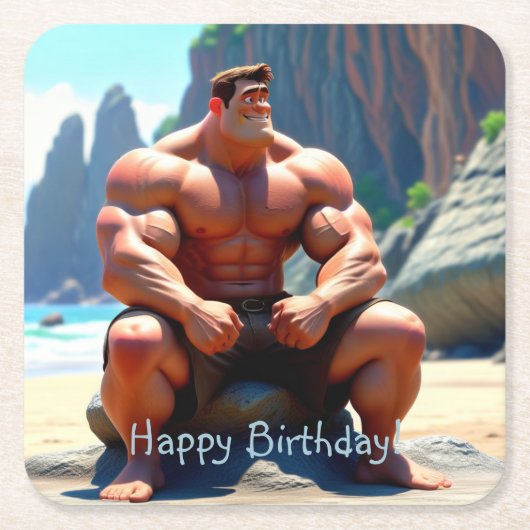 Dessous-de-verre Carré En Papier Joyeux Muscleman d'anniversaire (Devant)