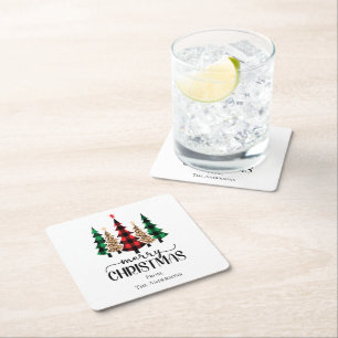 Dessous-de-verre Carré En Papier Joyeux Noël Arbres à carreaux rouges verts et noir