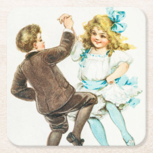 Dessous-de-verre Carré En Papier Joyeux Noël - carte vintage, enfants dansants