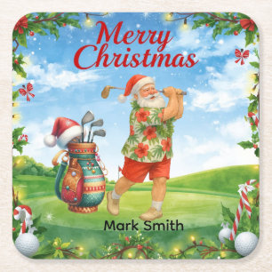 Dessous-de-verre Carré En Papier Joyeux Noël de golf avec le Père Noël jouant au go