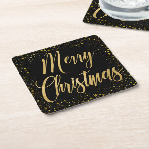 Dessous-de-verre Carré En Papier Joyeux Noël élégant écriture noire et or étoiles