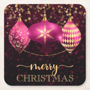 Dessous-de-verre Carré En Papier Joyeux Noël élégant rose vif et ornement boule