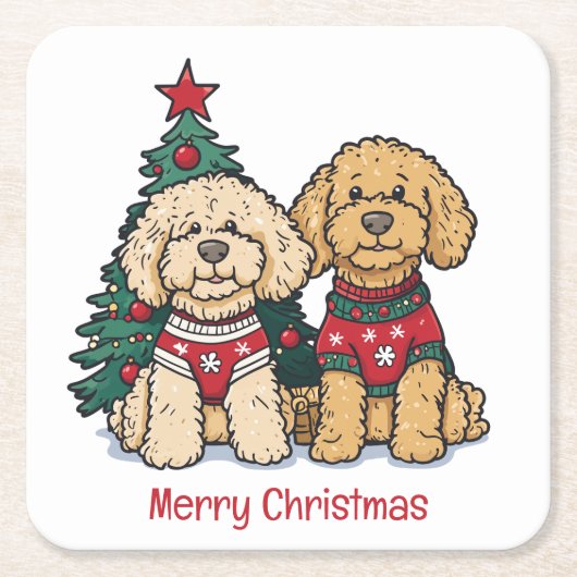 Dessous-de-verre Carré En Papier Joyeux Noël Goldendoodle Chiens (Devant)