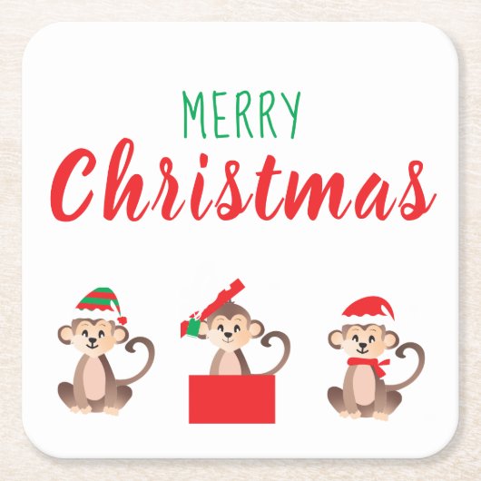 Dessous-de-verre Carré En Papier Joyeux Noël Jungle Singe Père Noël Elf Casquette (Devant)