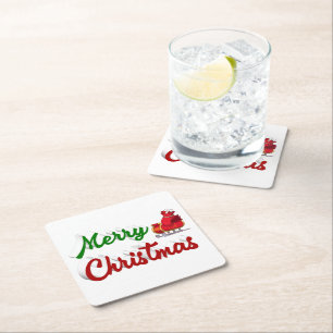 Dessous-de-verre Carré En Papier Joyeux Noël Père Noël Sleigh rouge vert script