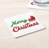 Dessous-de-verre Carré En Papier Joyeux Noël Père Noël Sleigh rouge vert script (Incliné)