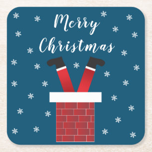 Dessous-de-verre Carré En Papier Joyeux Père Noël Coincé Dans Un Rouge Chimney