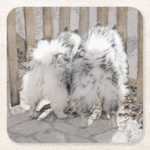 Dessous-de-verre Carré En Papier Keeshonds at the Gate Painting - Original Dog Art