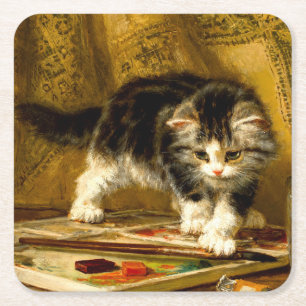 Dessous-de-verre Carré En Papier Kitten avec peinture et brosses