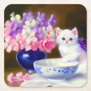 Dessous-de-verre Carré En Papier Kitten blanc vintage avec ruban violet