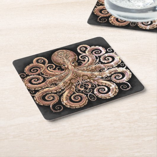 Dessous-de-verre Carré En Papier Kraken Steampunk Octopus Ornate Gold Noir (Incliné)