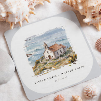 Dessous-de-verre Carré En Papier La petite chapelle au bord de la mer Mariage