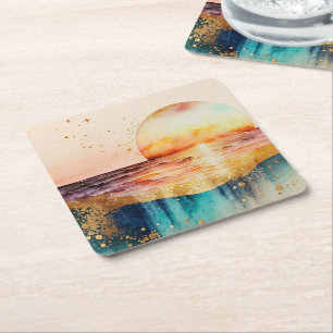 Dessous-de-verre Carré En Papier La série de plages à l'aquarelle Design 3