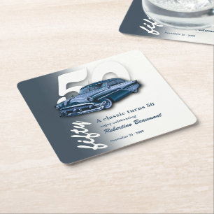 Dessous-de-verre Carré En Papier La voiture bleue classique de voyage fête son 50e