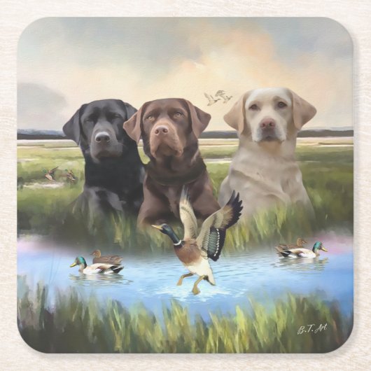 Dessous-de-verre Carré En Papier Labrador Retrievers, (Chasse aux chiens) (Devant)