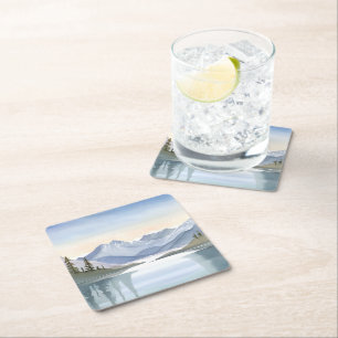 Dessous-de-verre Carré En Papier Lac Tahoe   Paysage de montagne à l'aquarelle