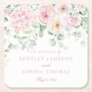 Dessous-de-verre Carré En Papier L'amour rose en fleurs Hydrangée Florale Mariage D