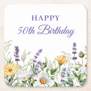 Dessous-de-verre Carré En Papier Lavande et fleurs sauvages Joyeux 50e anniversaire