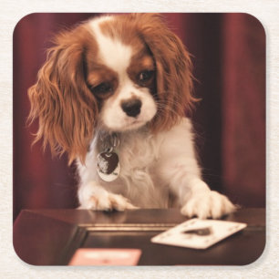 Dessous-de-verre Carré En Papier Le chiot joue aux cartes
