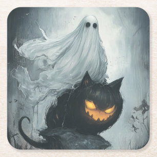 Dessous-de-verre Carré En Papier Le fantôme d'Halloween à cheval sur un chat noir