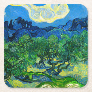Dessous-de-verre Carré En Papier Les oliviers de Van Gogh dans un paysage montagneu