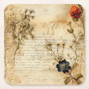 Dessous-de-verre Carré En Papier Lettre vintage d'amour parchemin avec fleurs (5)
