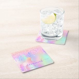 Dessous-de-verre Carré En Papier Licorne paillettes rose or rose iridescent anniver