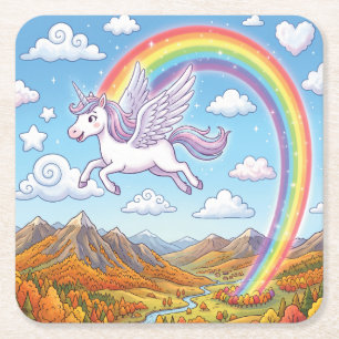 Dessous-de-verre Carré En Papier Licorne volante de dessin animé avec arc-en-ciel