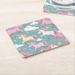 Dessous-de-verre Carré En Papier Licornes avec motif de nuages et d'étoiles