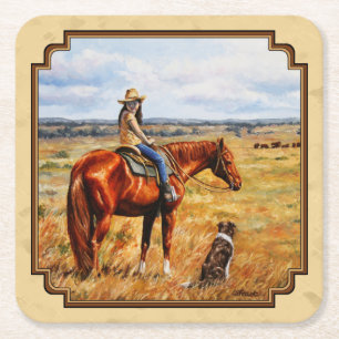 Dessous-de-verre Carré En Papier Little Cowgirl on Cattle Horse Yellow