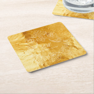 Dessous-de-verre Carré En Papier Logo du Mariage Monogram Crest Vintage Gold Textur