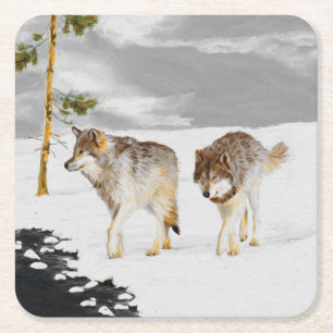 Dessous-de-verre Carré En Papier Loups en peinture sur neige - Art original de la f