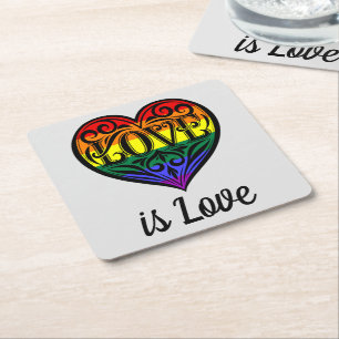 Dessous-de-verre Carré En Papier Love Is Love LGBTQ Rainbow Heart Card