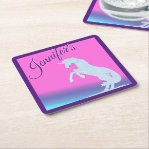 Dessous-de-verre Carré En Papier Lt. Blue Unicorn Silhouette (arc-en-ciel)