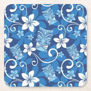 DESSOUS-DE-VERRE CARRÉ EN PAPIER LUAU TIKI MOTIF (BLEU CLAIR)
