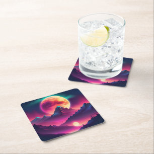 Dessous-de-verre Carré En Papier lune montante entre les montagnes