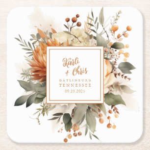 Dessous-de-verre Carré En Papier Lush Orange Brûlé Automnal Floral & Feuillage